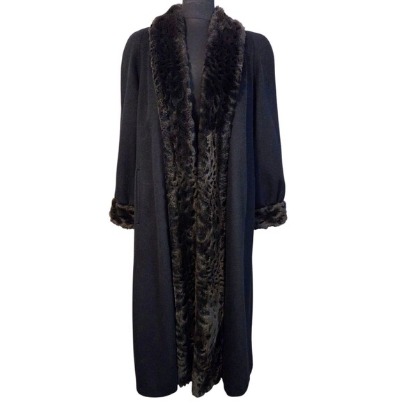 Vintage ALORNA Women’s Black Wool Overcoat Faux Fur Collar Union Made USA Coat - Picture 1 of 8